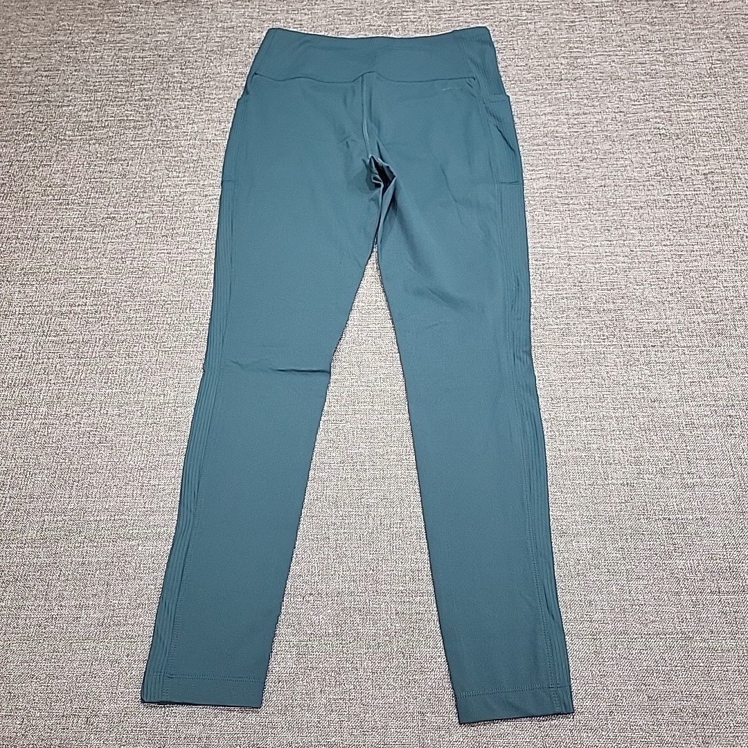 Womens Ribbed Panel Leggings Active Yoga Gym Pants w Pockets Green Size Medium