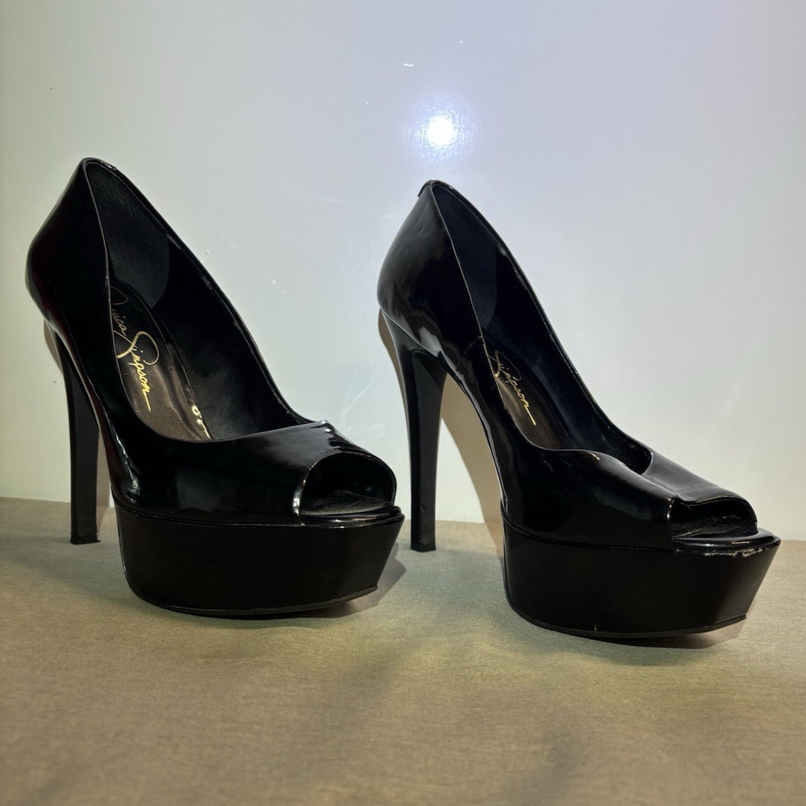 Jessica Simpson Women’s Black Patent Leather Peep Toe Platform Stiletto 8.5
