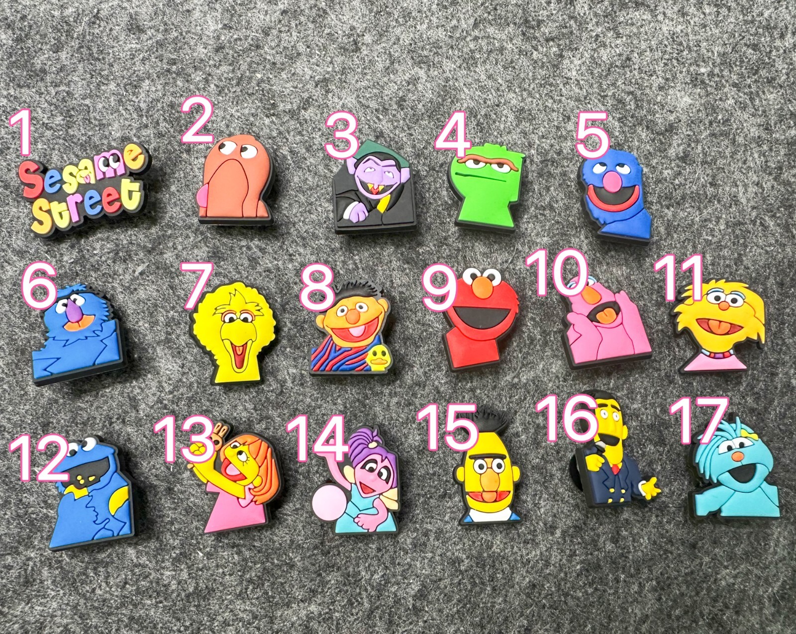 17 pcs shoe charms for croc Theme Charms sesame street Cartoon Shoe Charms