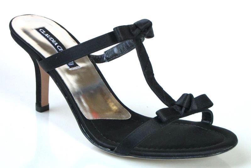CLAUDIA CIUTI black satin mules BOW T-strap heels shoes ITALY dressy ‘Halima’
