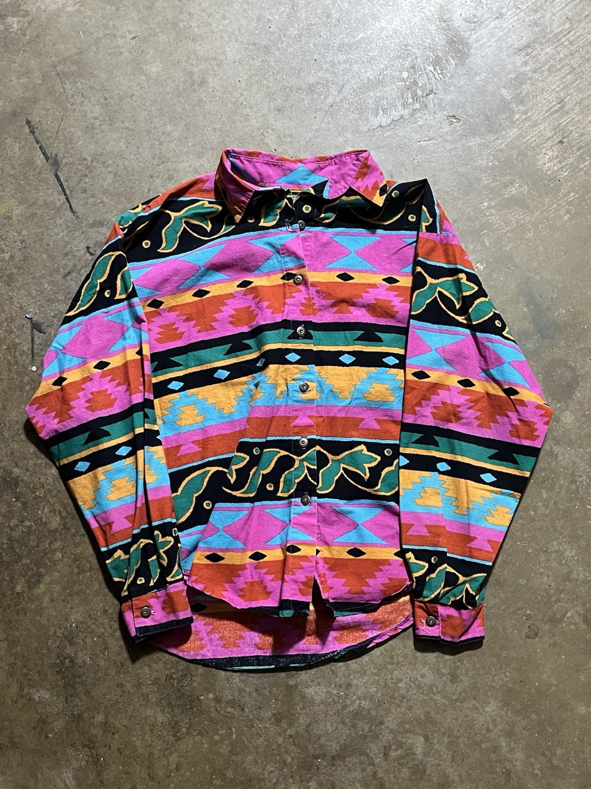 Vintage Roughrider Western Shirt Mens S Aztec Southwestern Tribal Pink 90s USA
