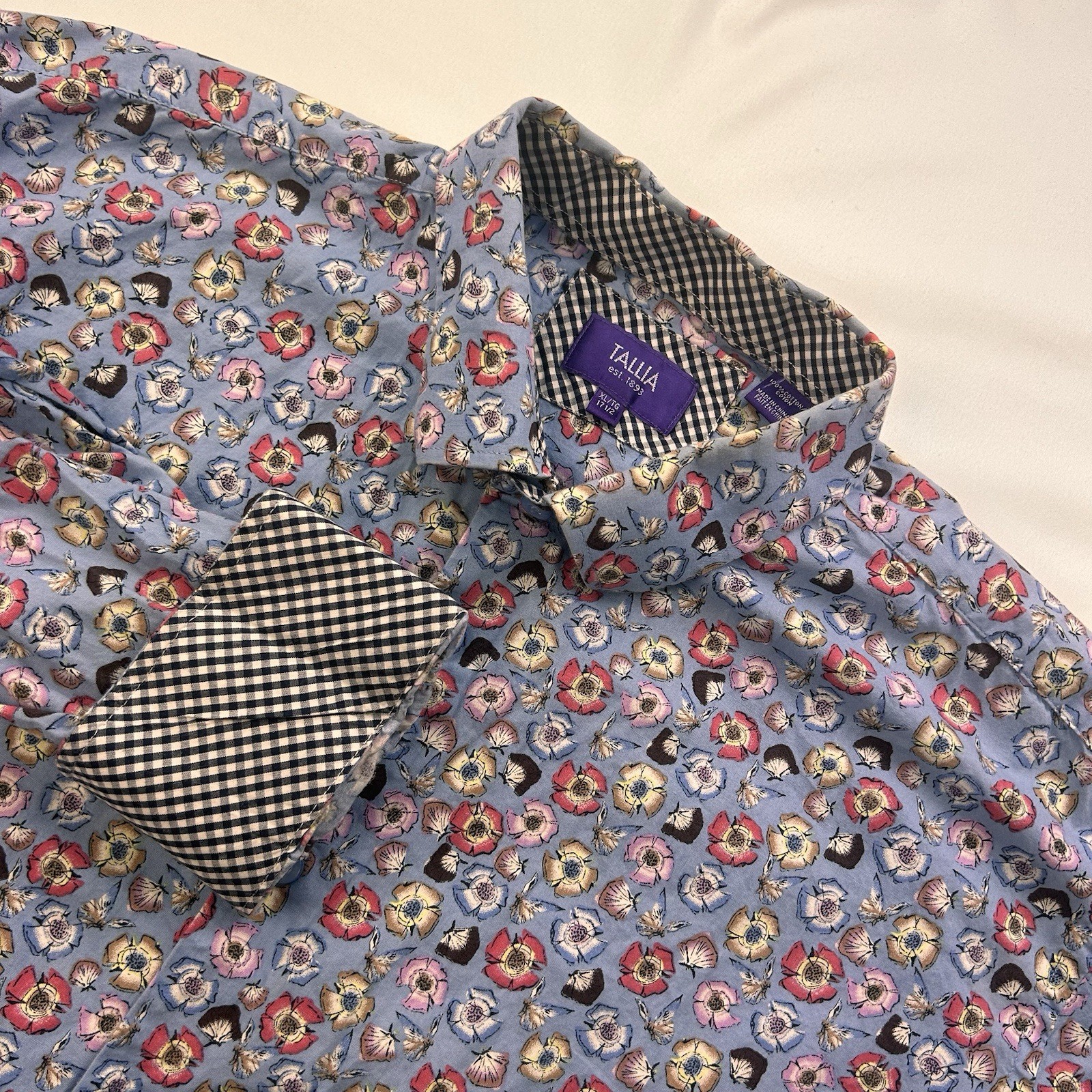 Tallia Men Blue Pink Yellow Flowers Cotton Long Sleeve Button Down Shirt XL 17.5