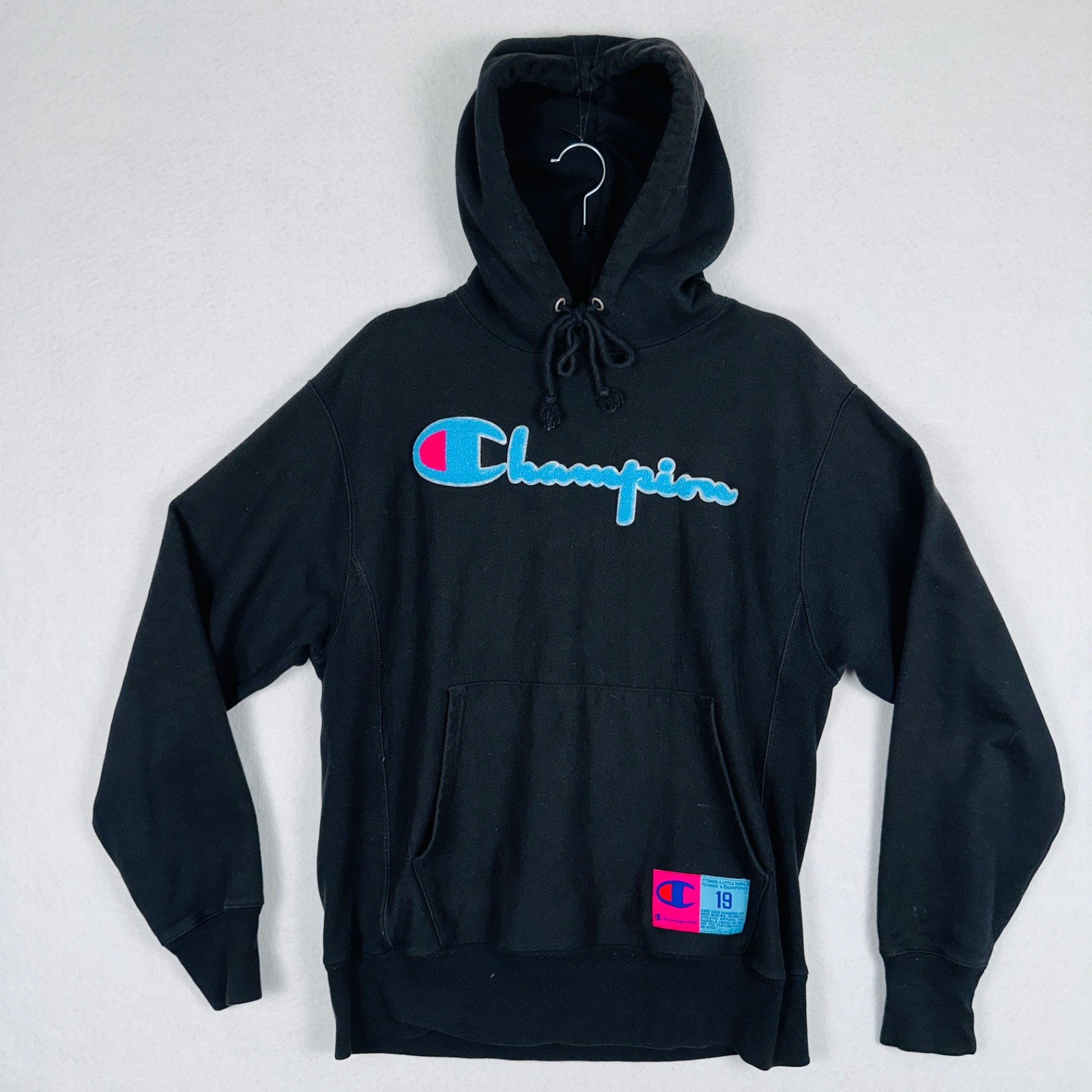 Champion Reverse Weave Hoodie Adult M Black Neon Blue Pink Retro Sweatshirt