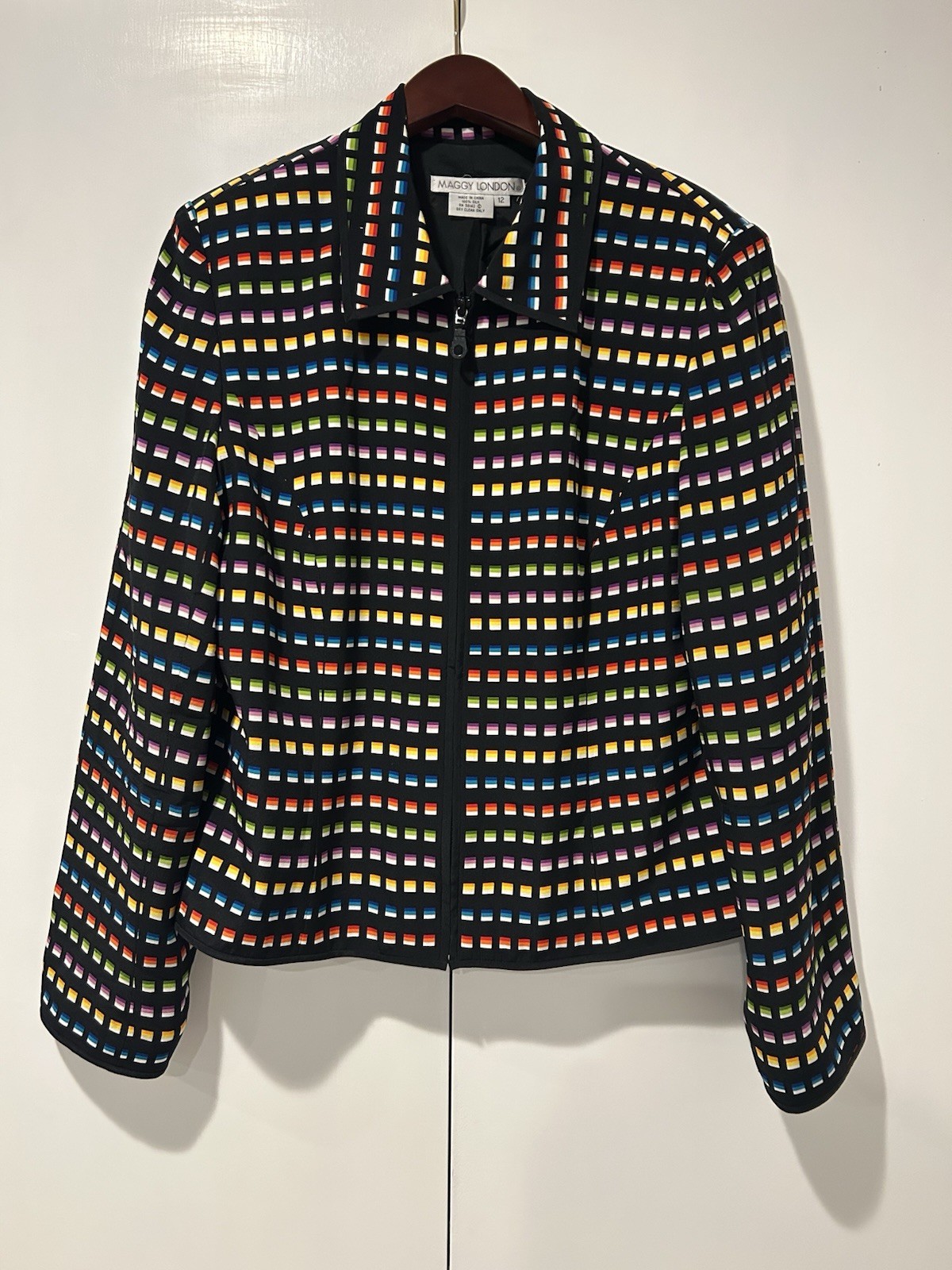 Maggy London Women’s 100% Silk Colorful Zip Up Jacket Size 12 Vintage RN 58142