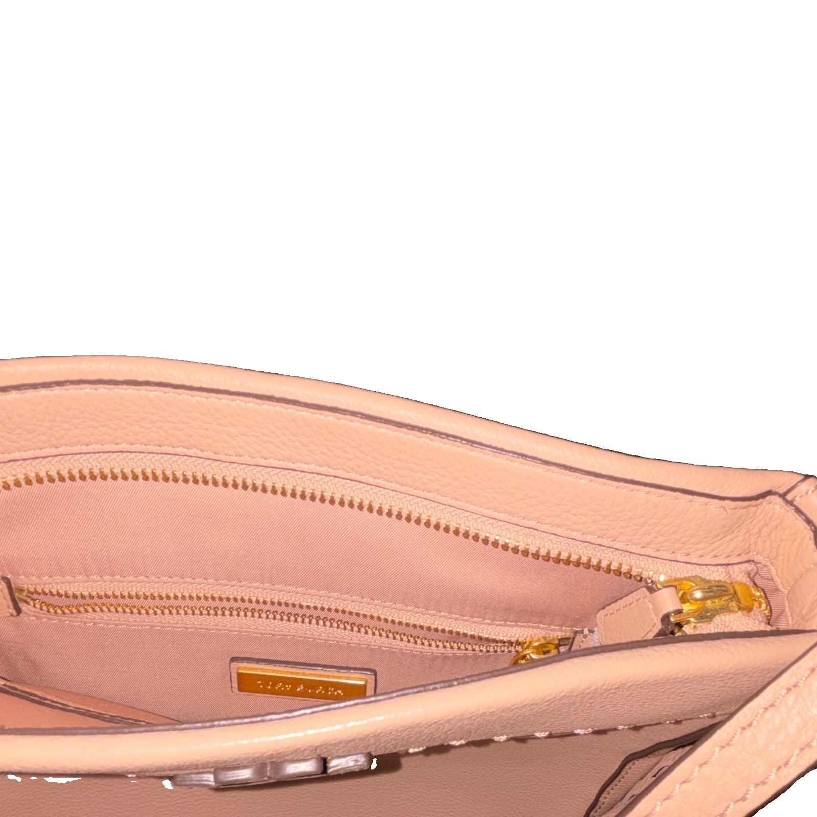 Tory Burch Beige Pebbled Crossbody Bag Gold Hardware Tassel Logo Zip Card