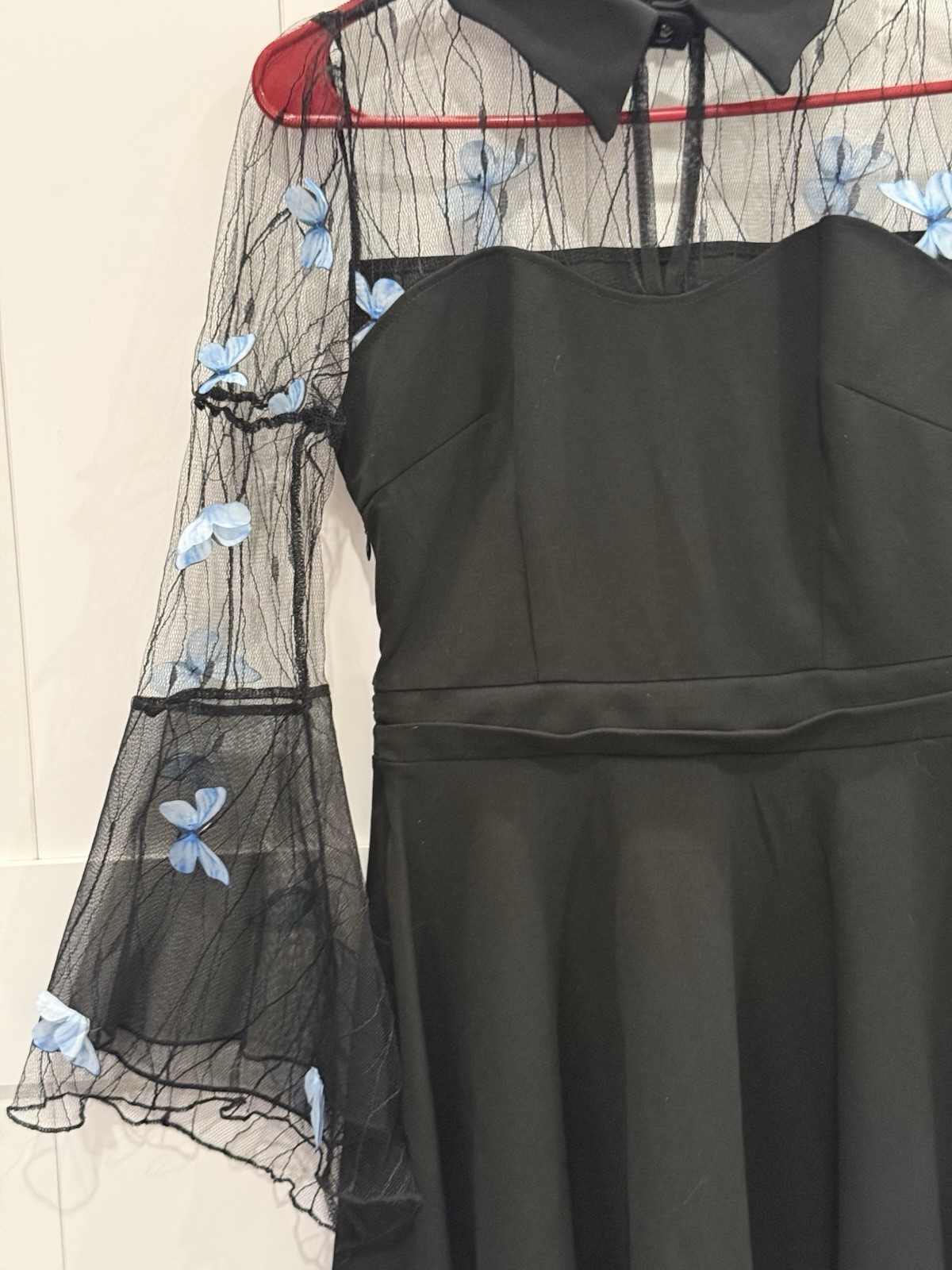 Vintage 50’s Rockabilly Swing Dress Embroidered Floral Mesh Bell Sleeve S