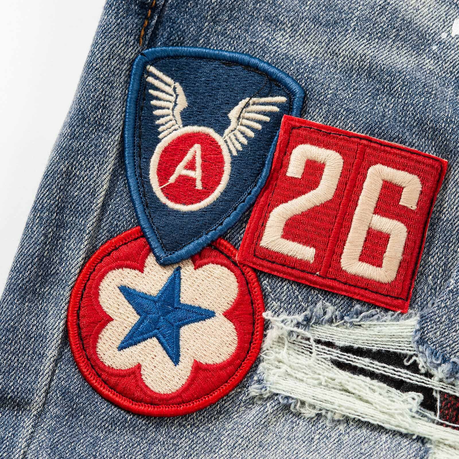 Men’s Vintage Distressed Stretch Denim Skinny Jeans with Patches and Studs