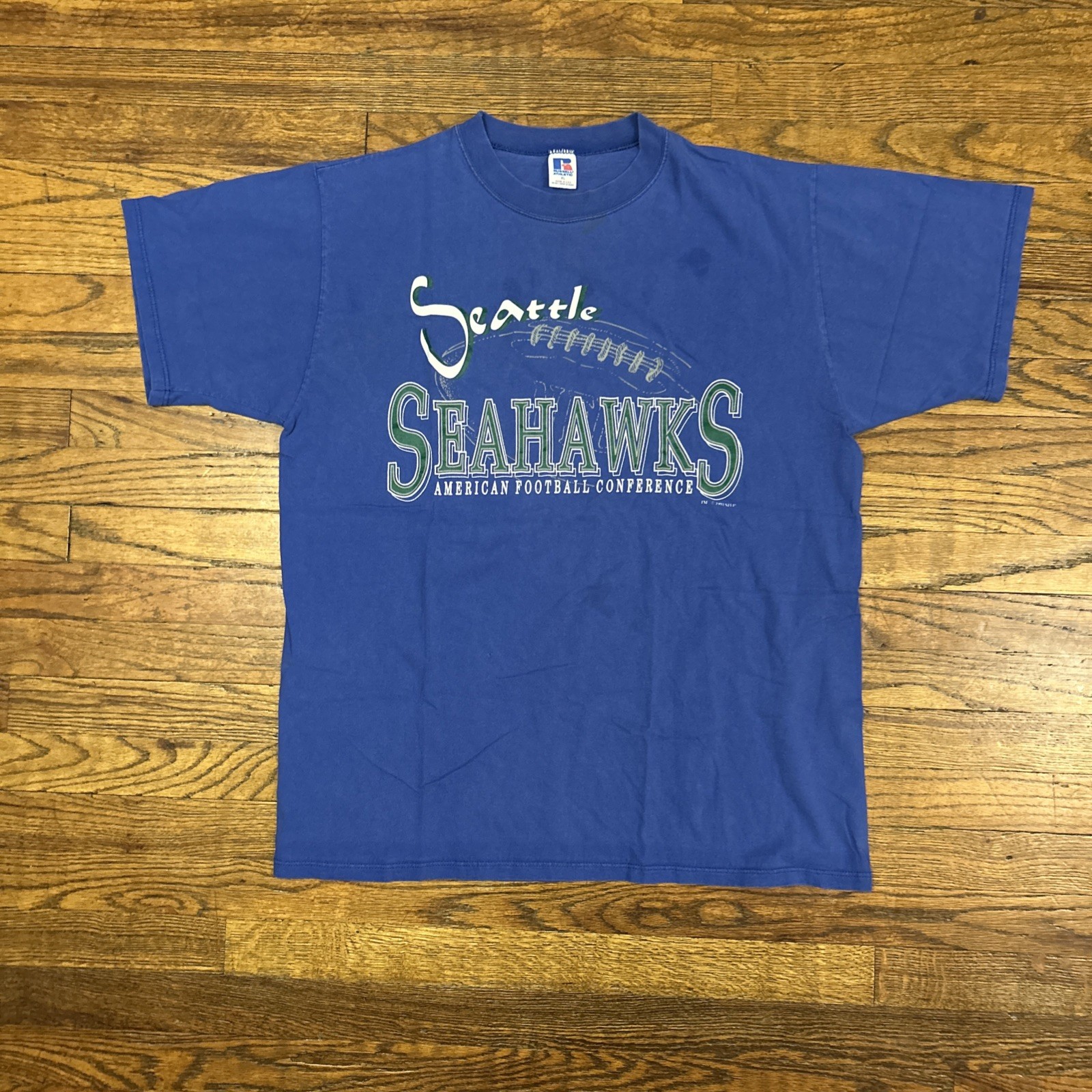 Vintage 90s Russell Athletic Blue Seattle Seahawks T Shirt Size XL USA
