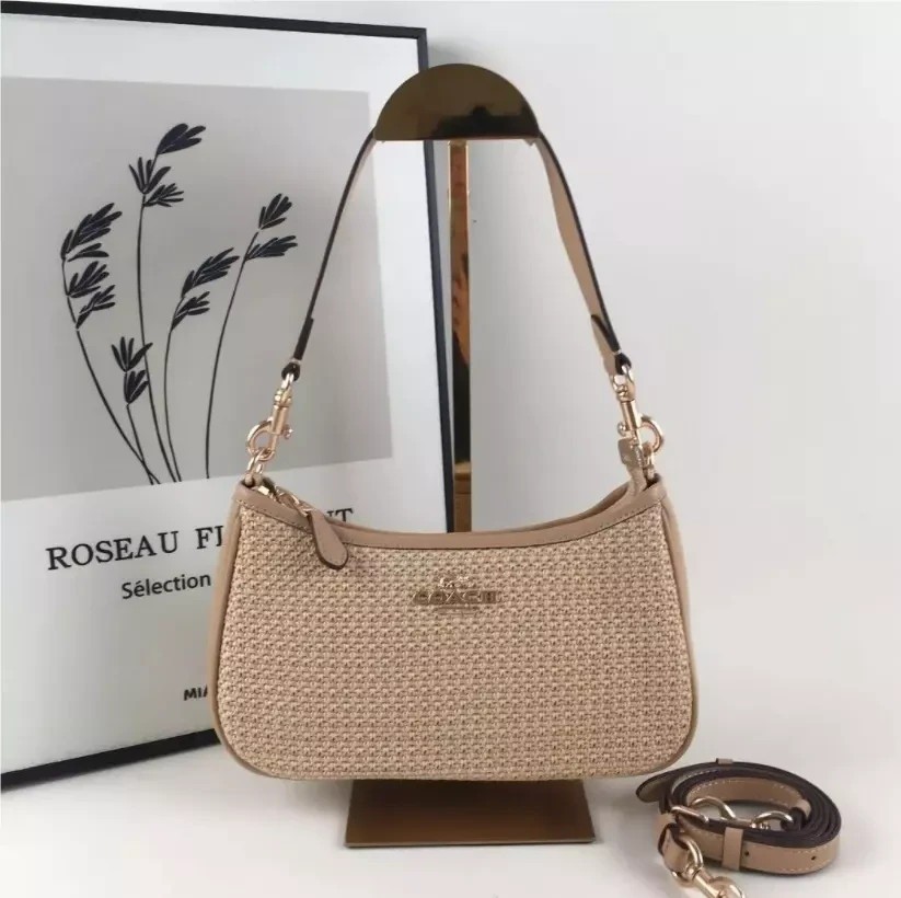 COACH CR350 Teri 2way Shoulder Bag Straw Leather Latte Multi outlet New