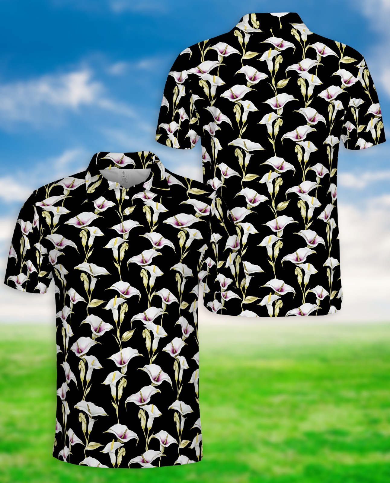 Men’s Polo Shirt Black Calla Lily Floral Golf Shirt Gift for Flower Lovers