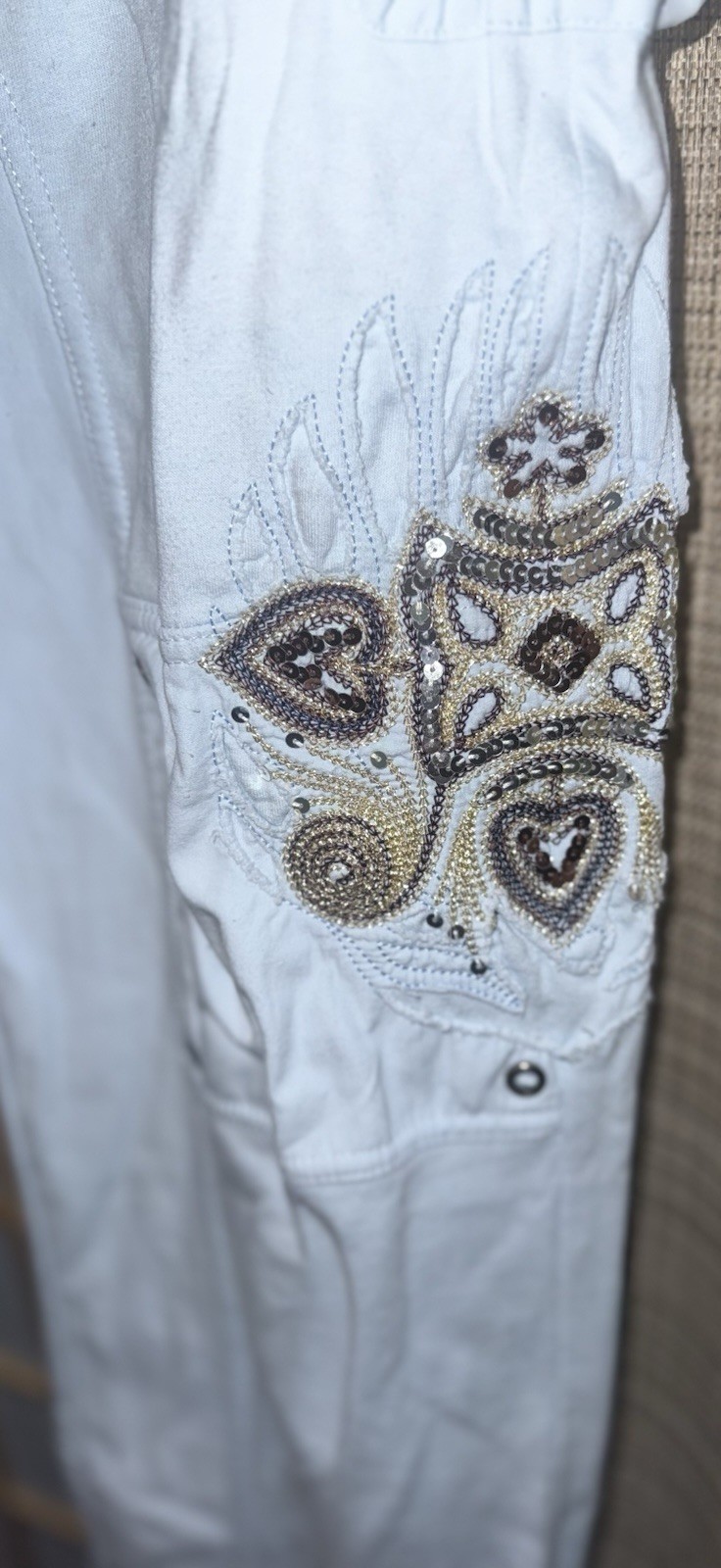 Tokyo Light Blue Cargo Pants Denim 100% Cotton Embroidery Sequins Size Small