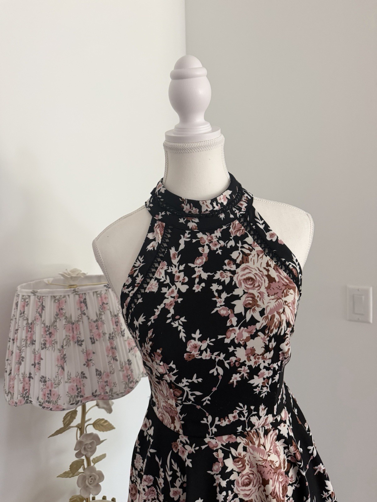 B. Darlin Black Pink Floral Halter Fit & Flare Short Lined Dress S