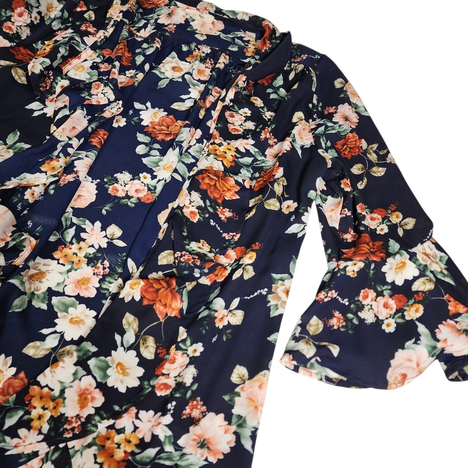 Entro Floral Print Kimono Jacket Navy Blue Bell Sleeve Ruffle Women’s M