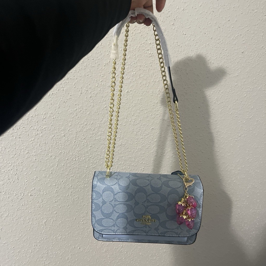Coach Signature Blue Small Shoulder Bag Snap Gold Chain Strap Lined Charm