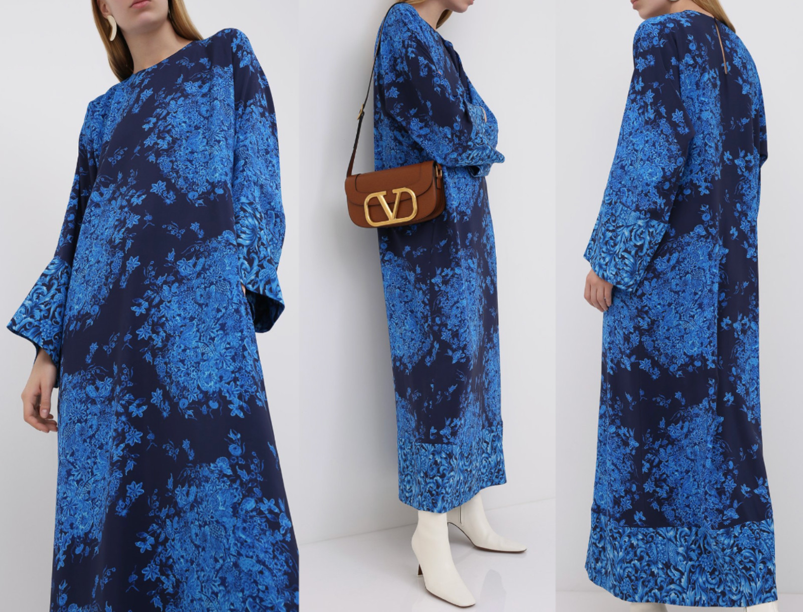 VALENTINO GARAVANI SILK Caftan Maxi Dress Delft Floral Print Kleid Maxikleid M