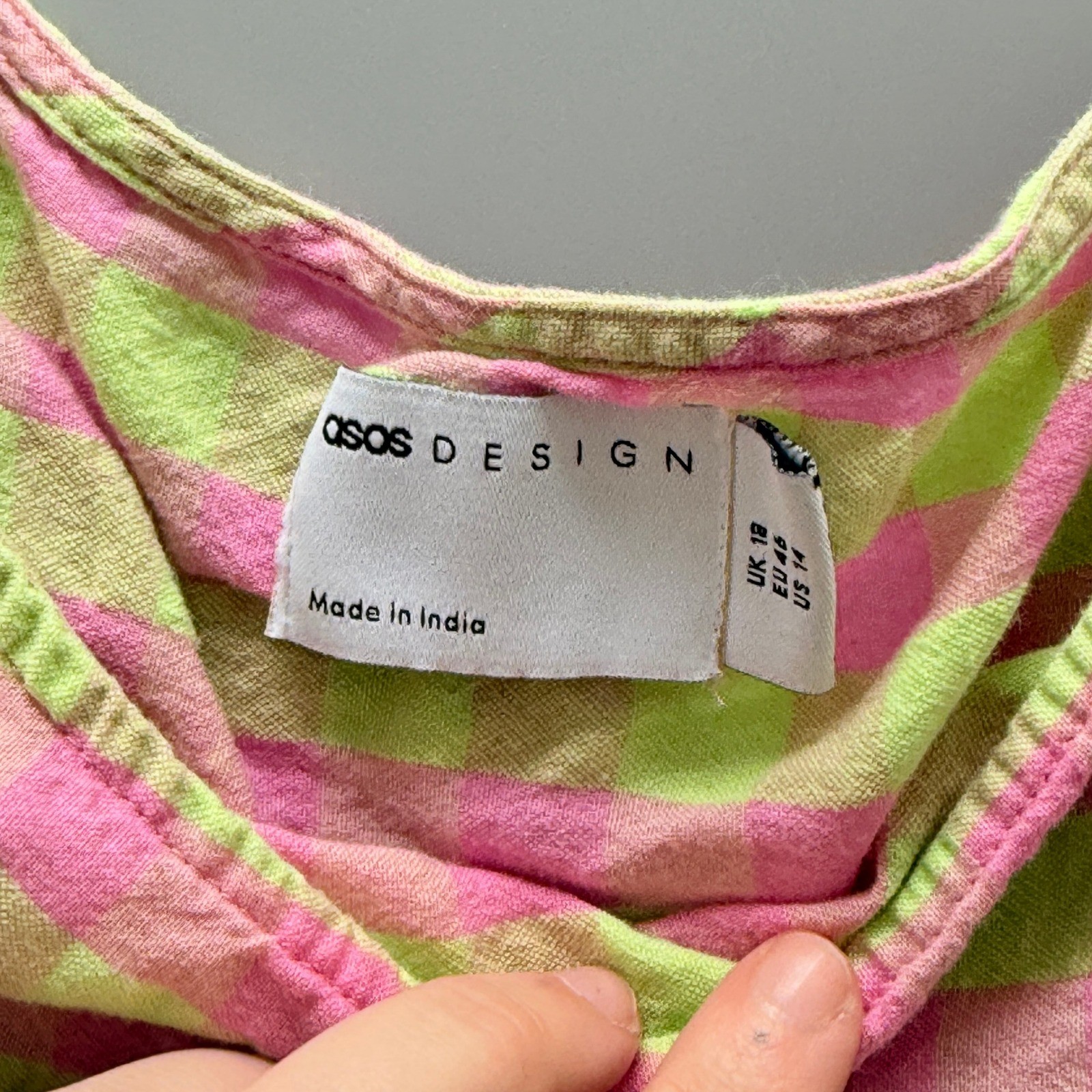 ASOS DESIGN Womens Pink Lime Green Gingham Check Trapeze Mini Dress US 14