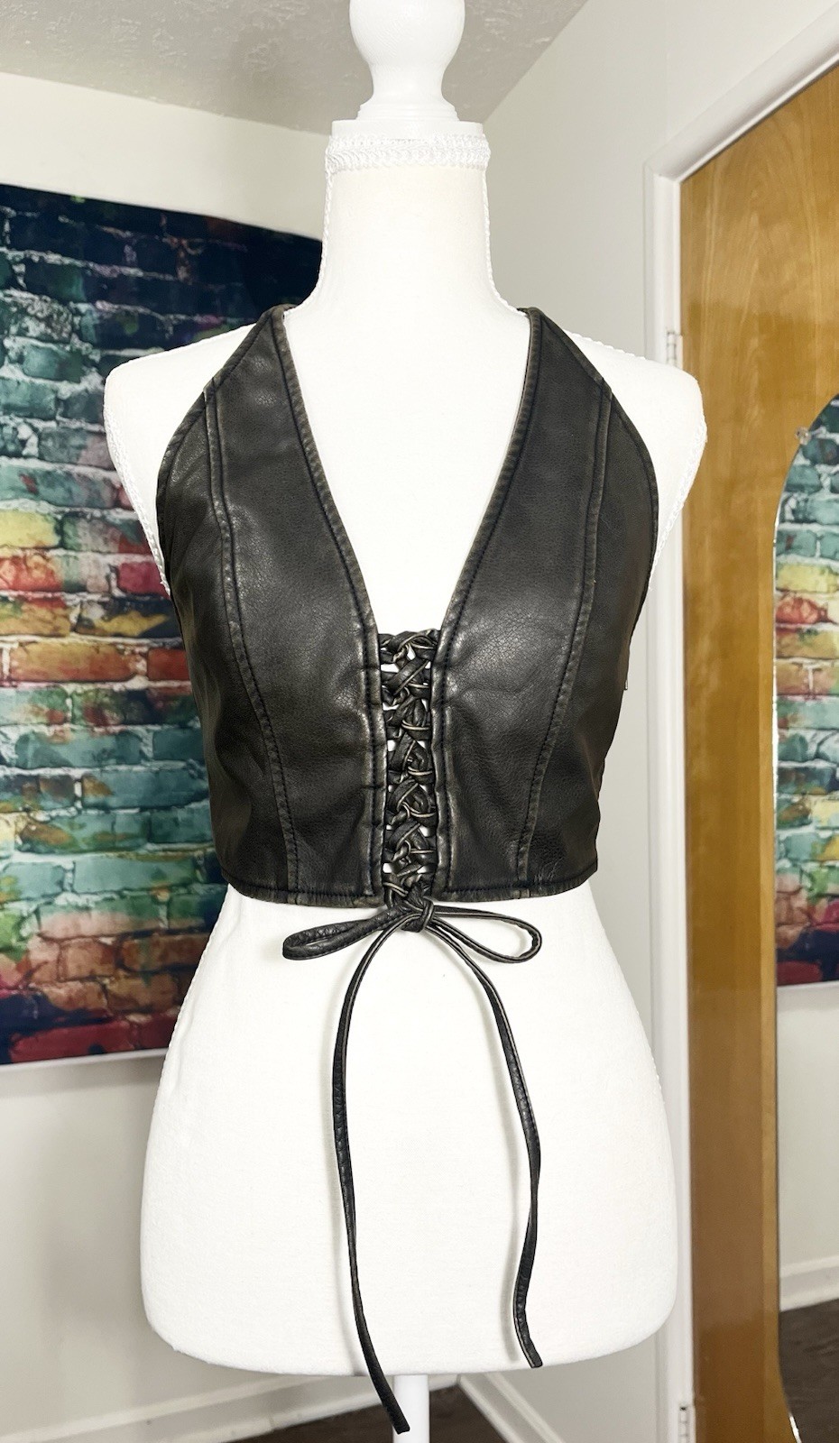 Silence + Noise Womens Size SP Faux Leather Halter Crop Top w/ Lace-Up Front