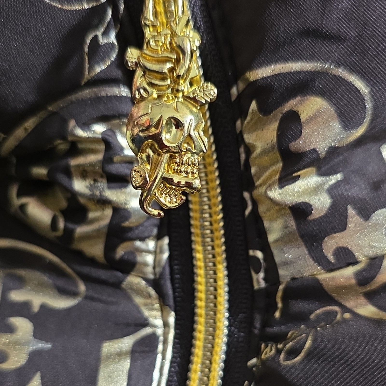 Ed Hardy Brown/Gold Hooded Bomber Jacket Skull Graphic Fur Trim Zip XS