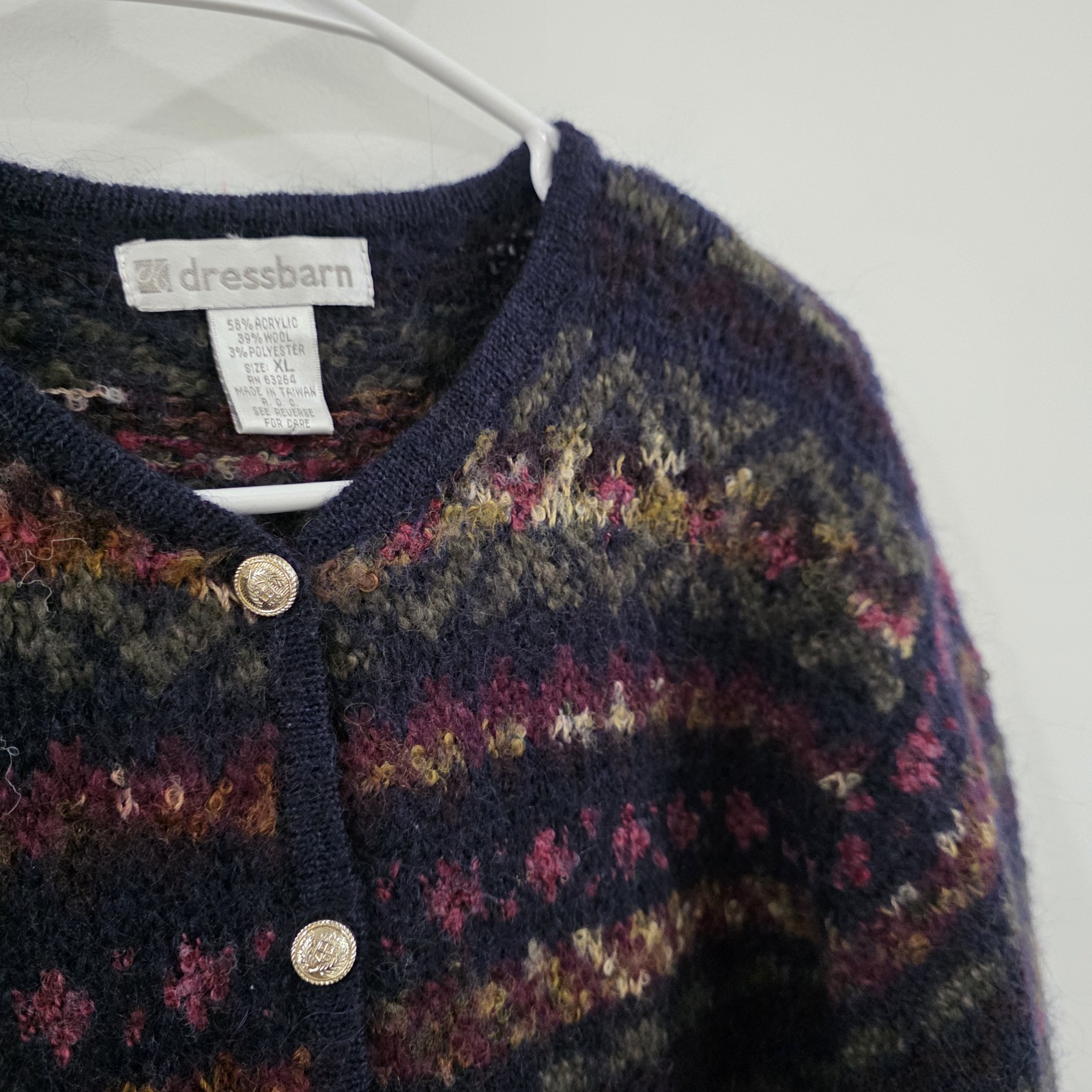 Vintage Dressbarn Womens Wool Cardigan Size XL Nordic Cozy Winter Metal Button