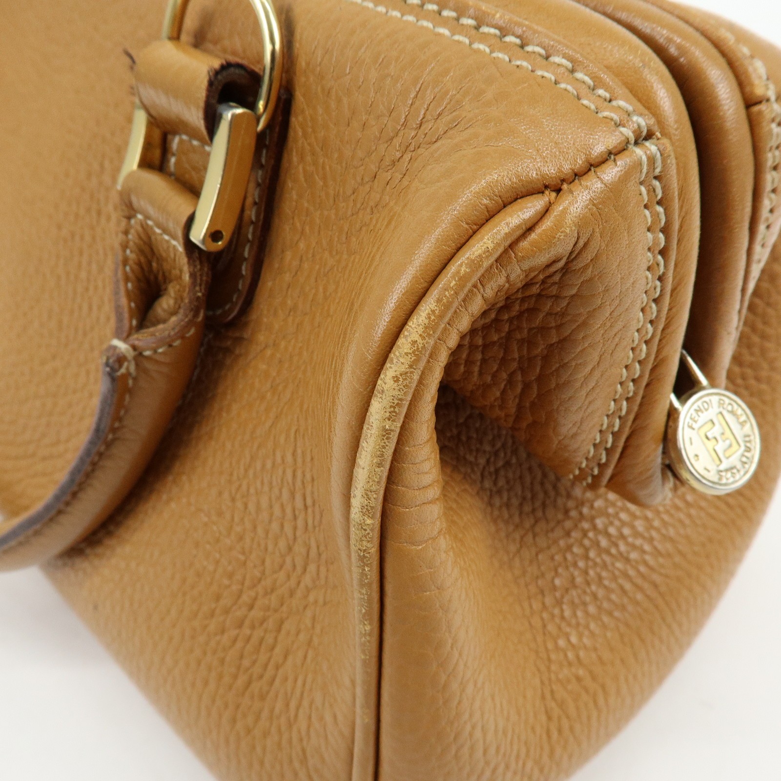 FENDI FF Logo Leather 2Way Bag Hand Bag Boston Bag Camel Authentic Used F/S