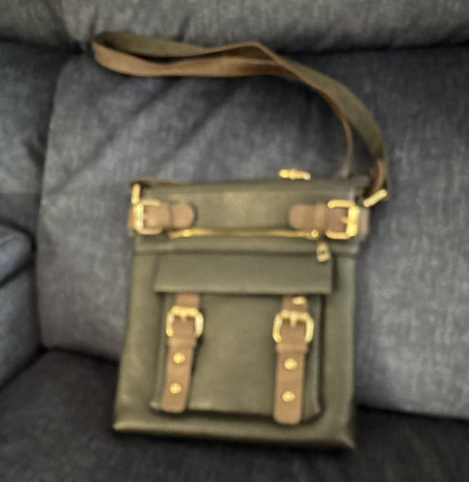 Black Small Crossbody Bag, Brown Strap, Gold Hardware, Zip, Pockets, Pouch, conc