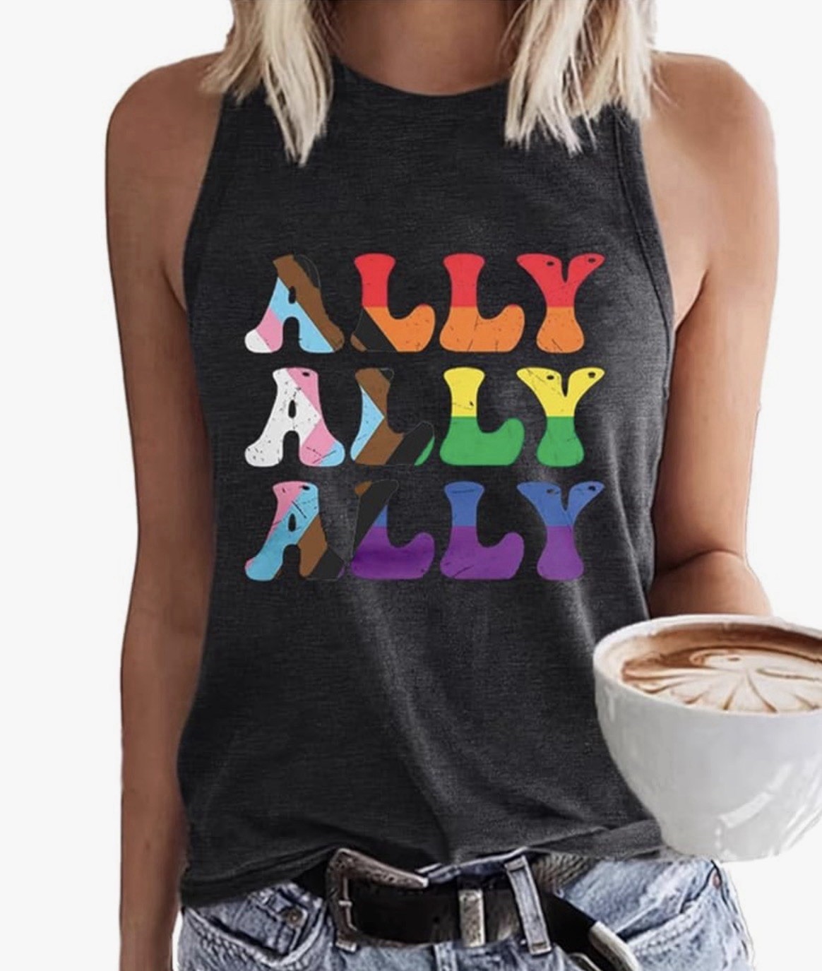 LGBT PRIDE Charcoal Rainbow ALLY Graphic Racerback Tank Top Women’s L Cotton