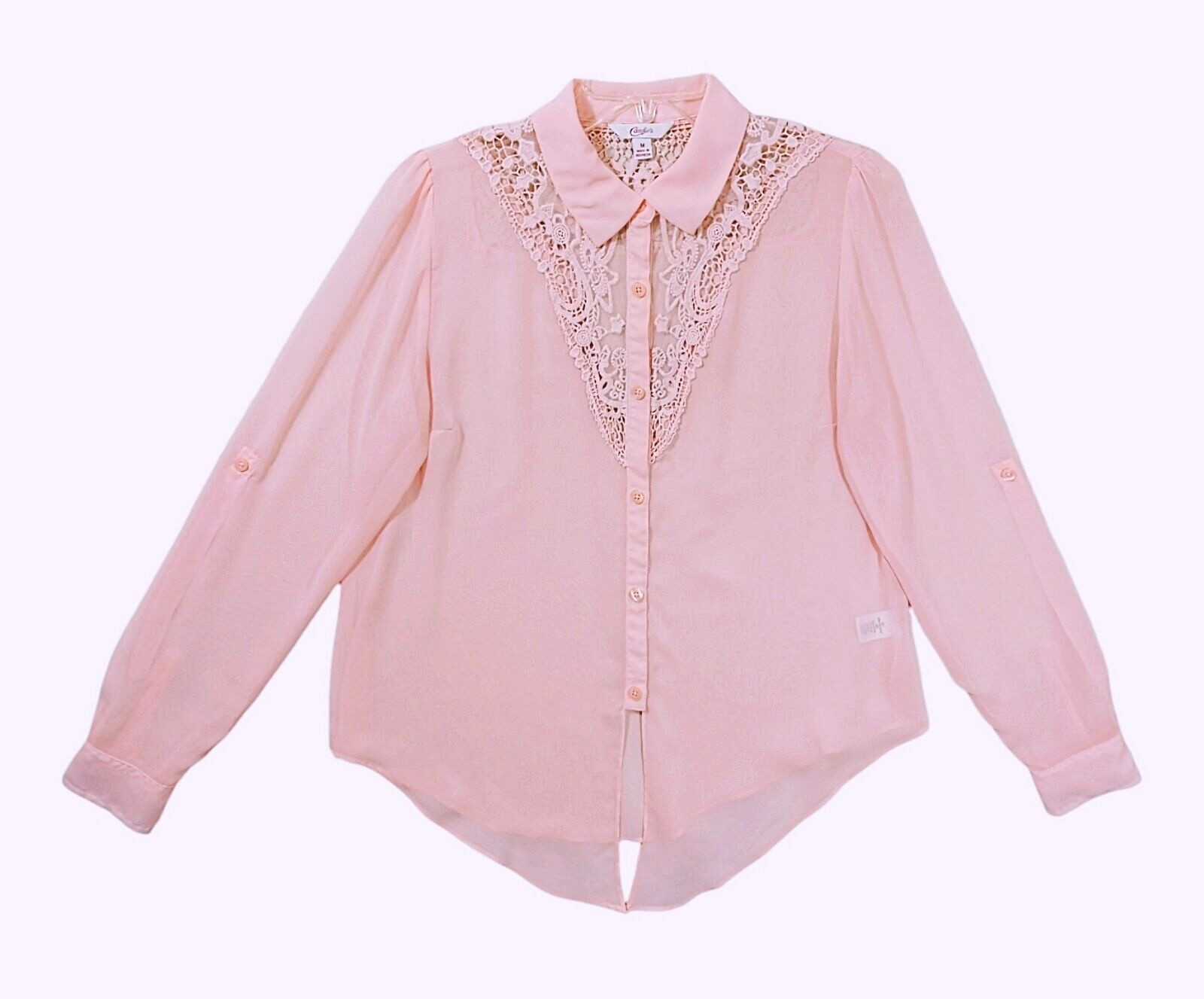 Candies Shirt Button Up Roll Tab Sleeve Lace Sheer Pink Womens M