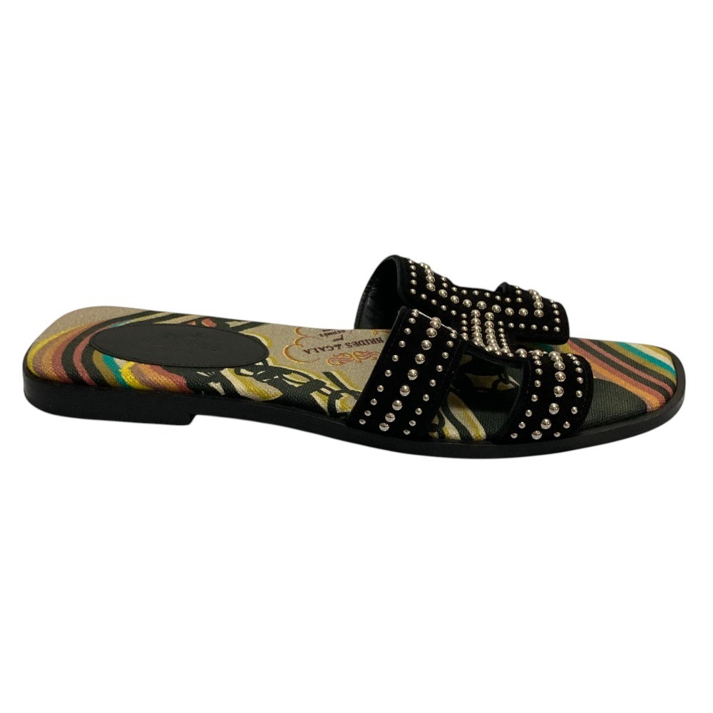 HERMES Oran Studded Flat Sandals, Size 36 Black and Multicolor Women USED