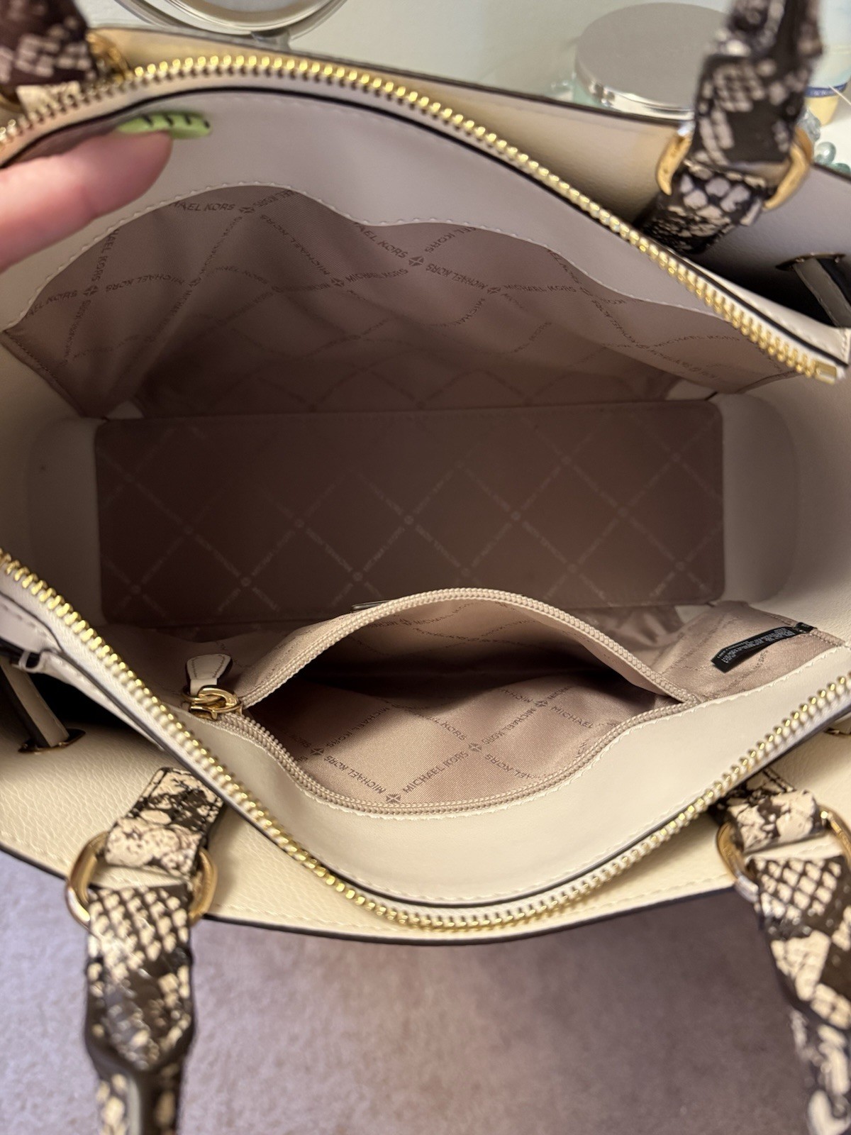 Michael Kors Cream Satchel Snake Print Trim Gold Hardware Zip Detachable Strap