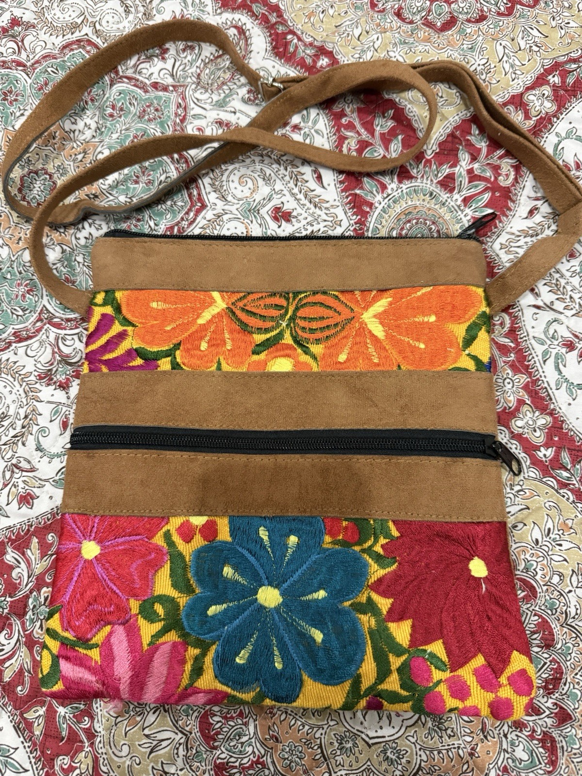 Floral Multicolor Crossbody Bag Brown Strap Zip Closure Black Hardware