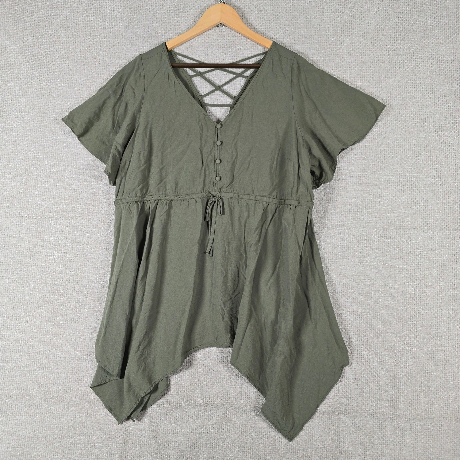 Torrid Womens Olive Green Lattice Back Handkerchief Hem Tunic Top Size 2 2X