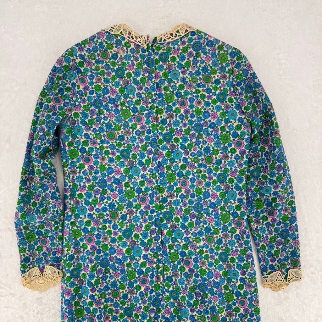 Vintage 1960s Bobbie Brooks Dress Floral Lace Trim Peter Pan Collar Bow READ