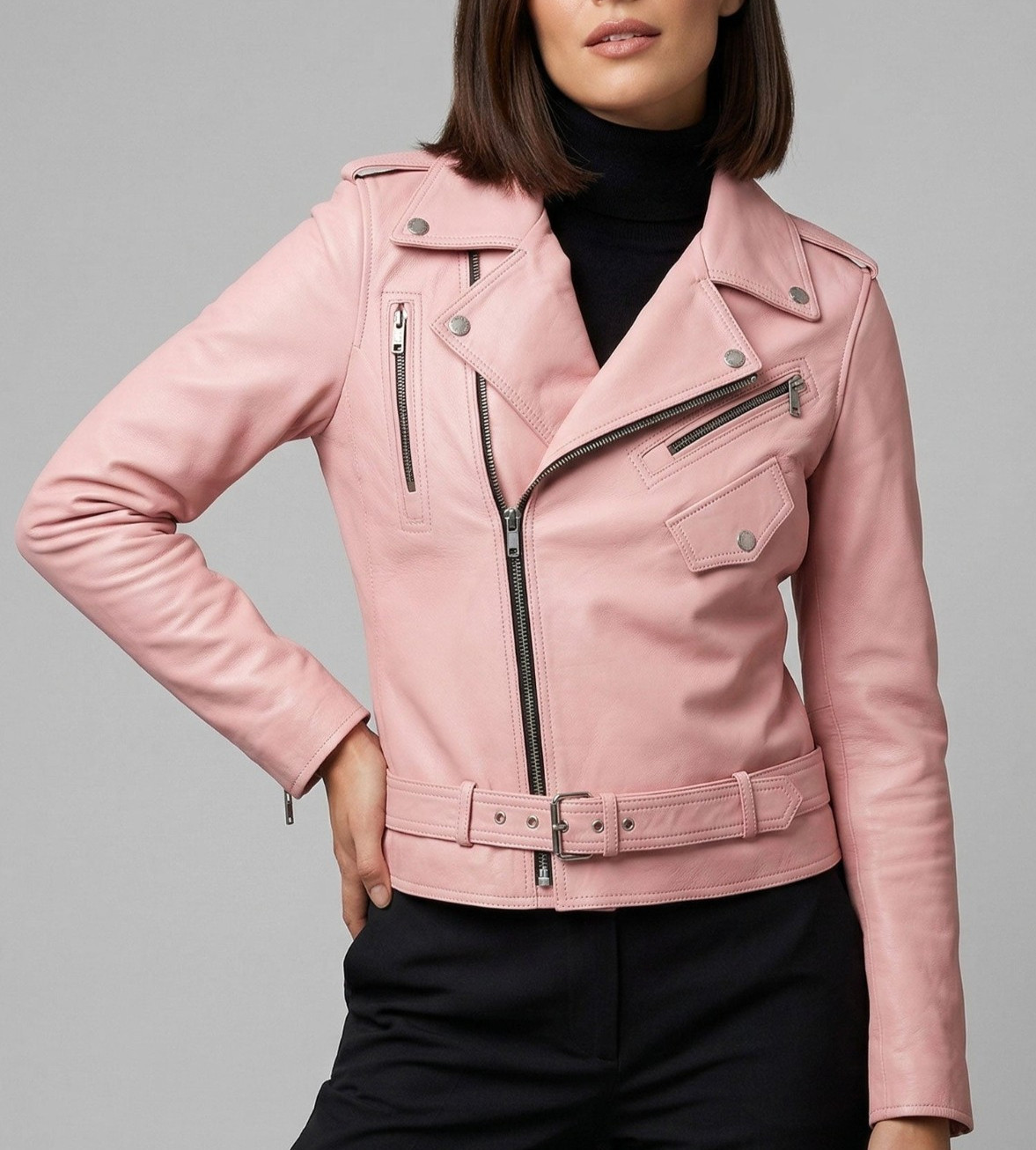 Women’s Light Pink Leather Moto Biker Jacket Soft Lambskin Size S M L XL XXL 3XL