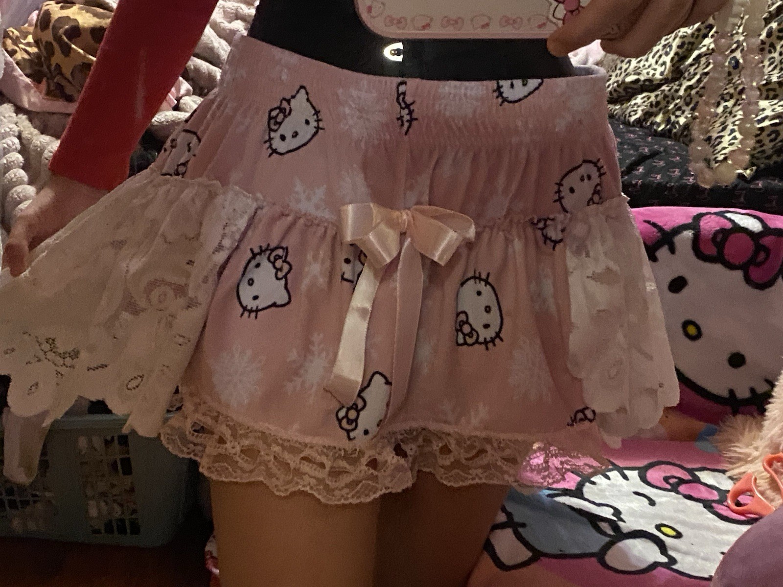 Handmade Warm Hello Kitty Sanrio Coquette White and Pink Lace Skirt With Bow