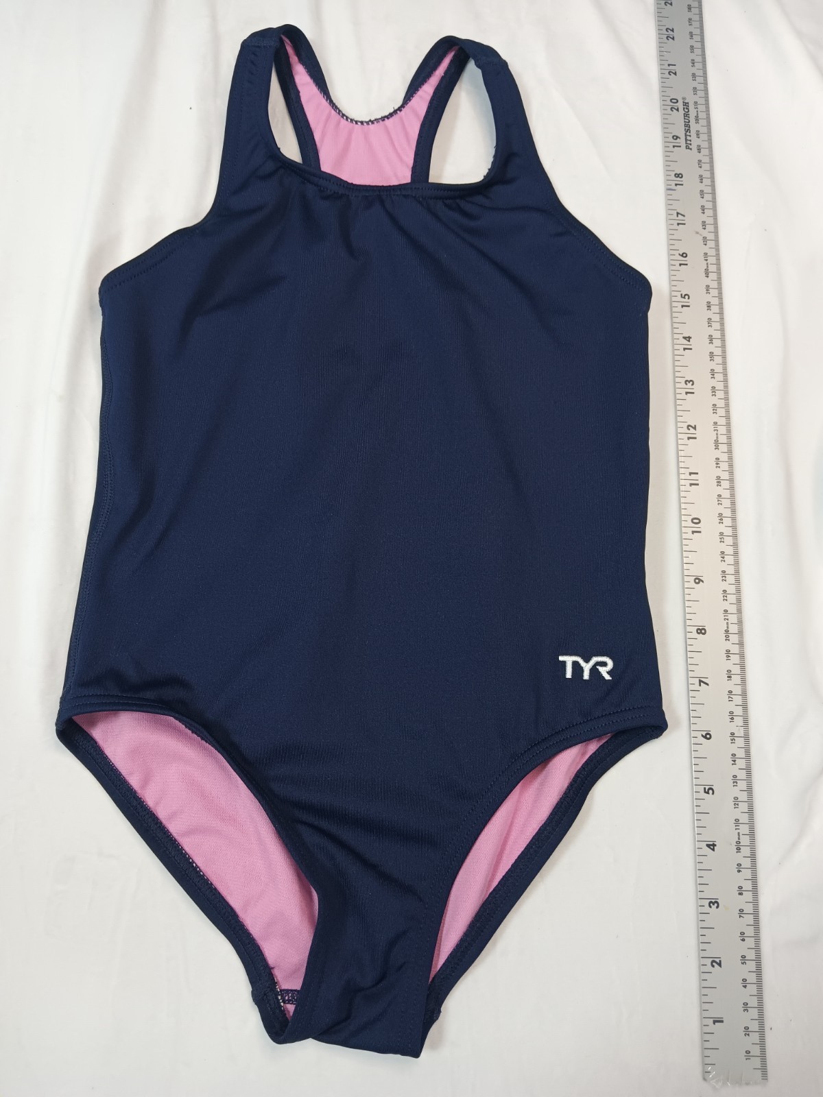 TYR Girls Solid One Piece Racerback Swimsuit Blue/Pink Lining Size M (7-8)