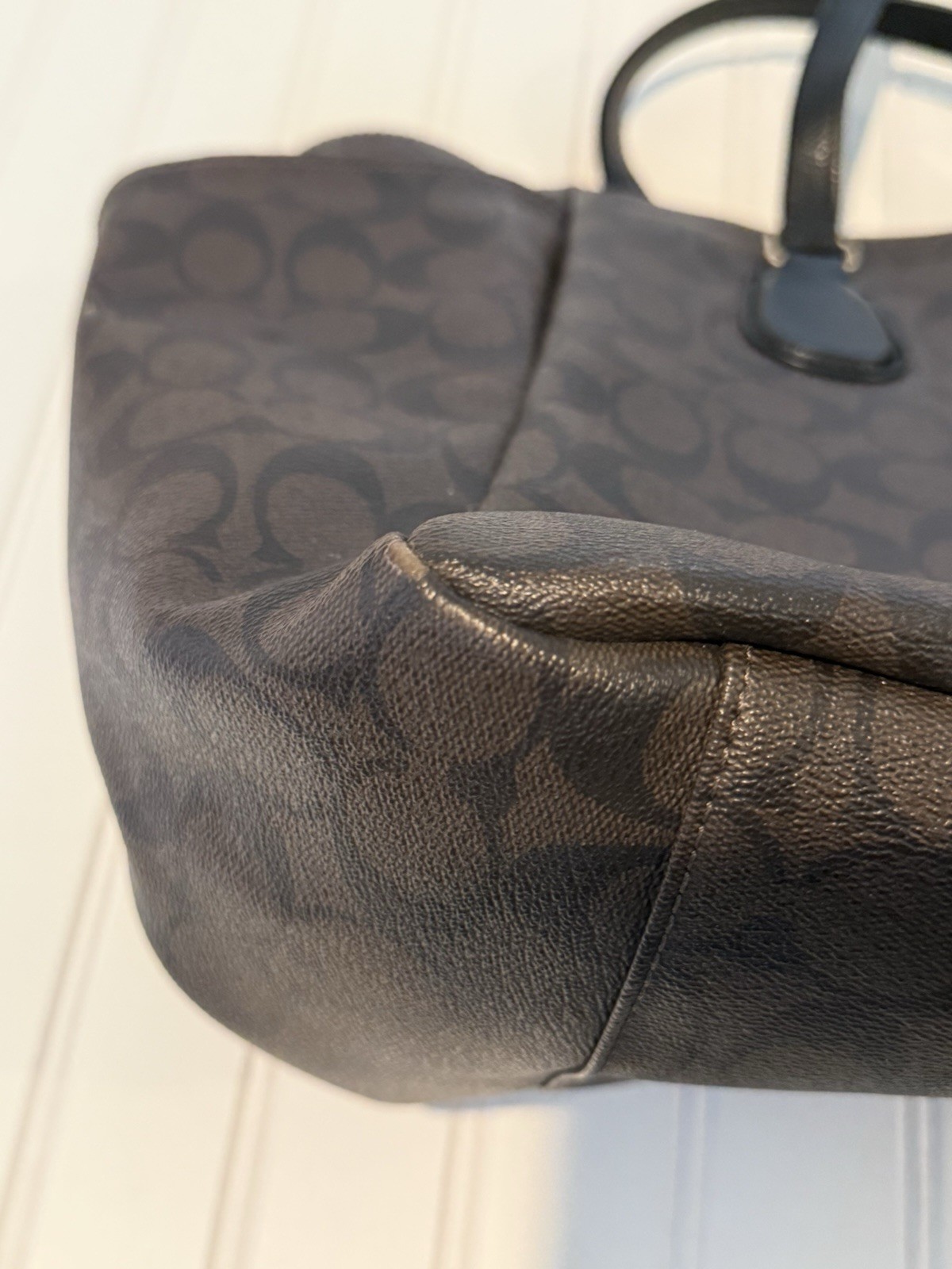 Coach Signature Brown Zip Top diaper bag Tote, Black Leather Straps, Dust Bag