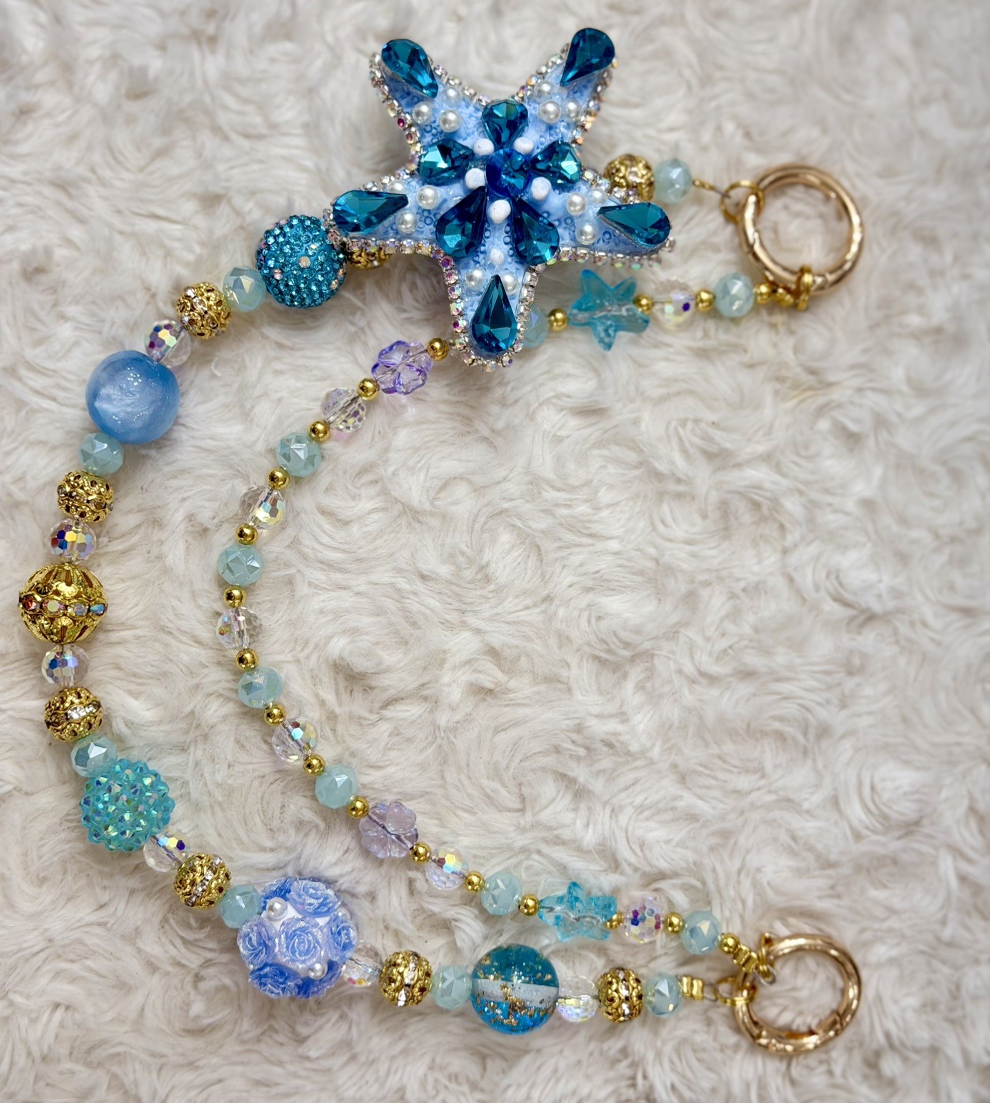 Crystal Light Blue and Gold Starfish Handbag and Keychain Charm