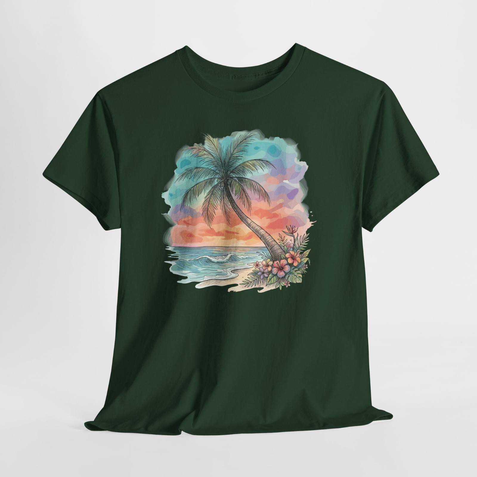 Sunset Beach Palm Tree Ocean Gift Graphic T Shirt Tee Top S-XL, Plus 2X 3X 4X 5X