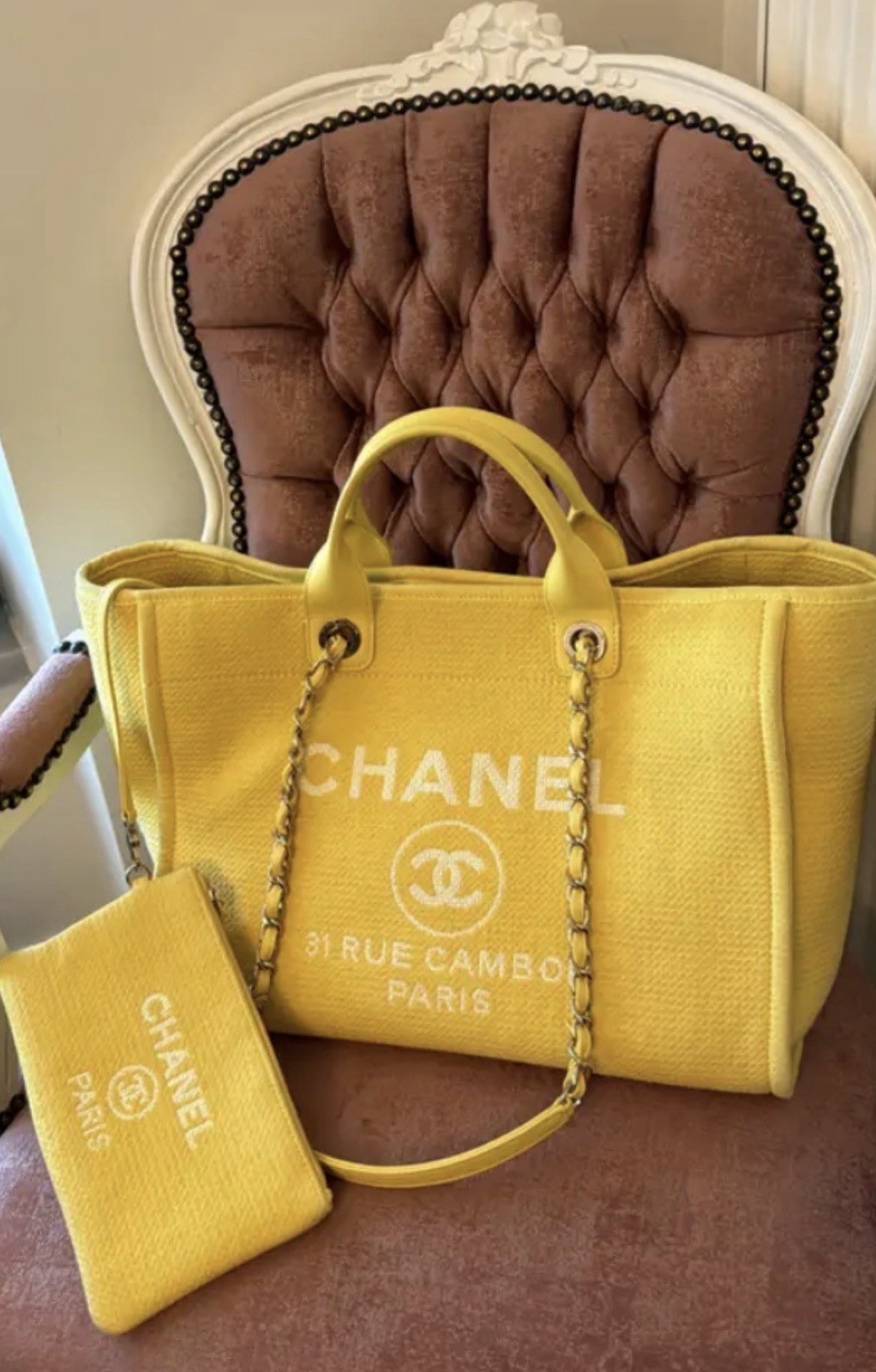 Chanel Deauville Small Shopping Tote Yellow Canvas HandBag Leather Strap + Pouch