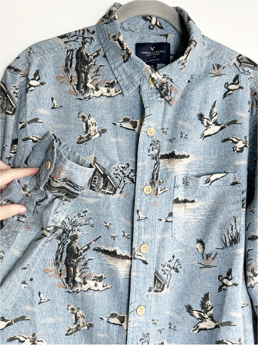 American Eagle Duck Hunting Long Sleeve Button Up Shirt 100% Cotton Size M