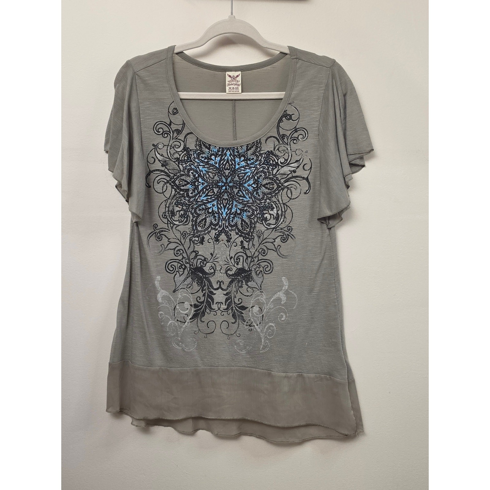 Faded Glory Boho Paisley Graphic Top Gray Scoop Neck Short Sleeve Women’s M