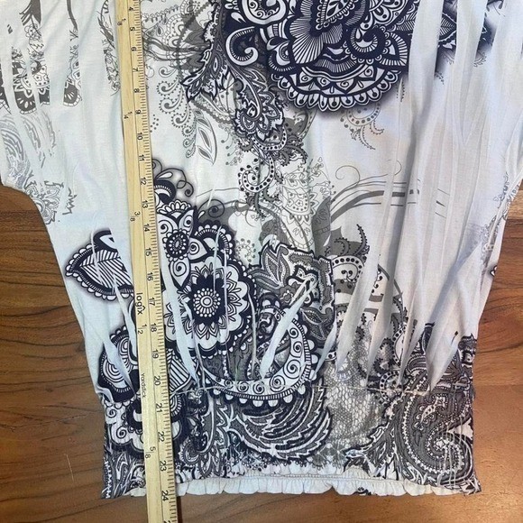 Navy White Paisley Medallion Blouson Top Smocked Waist Dolman Sleeve Boho