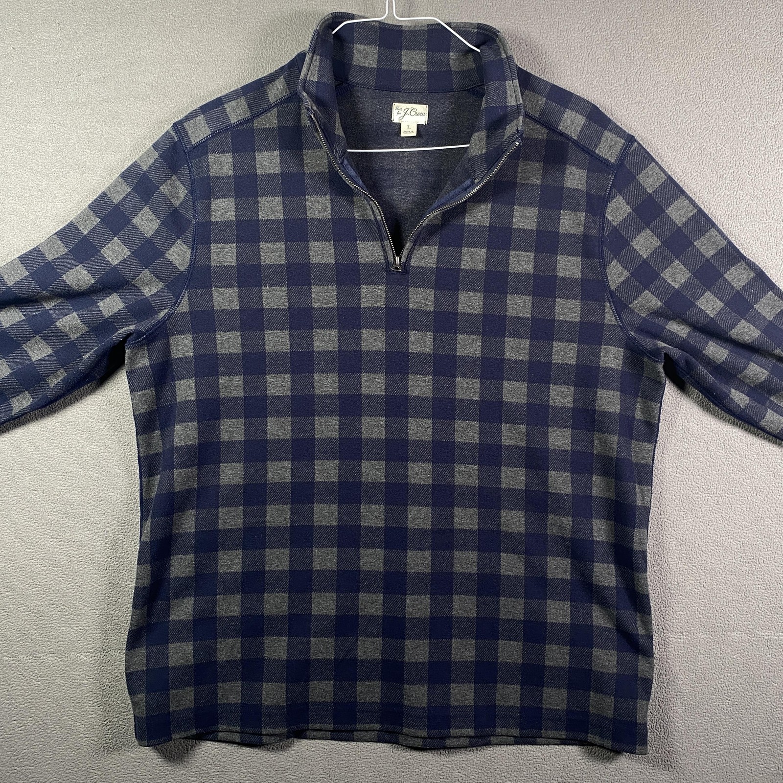 J Crew Sweater Mens Large Blue Gray Plaid 1/4 Zip Mock Neck Knit Pullover