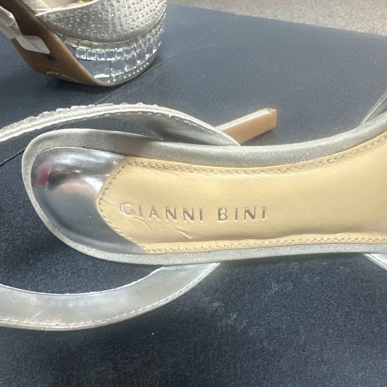 Gianni Bini Silver Rhinestone Ankle Strap Open Toe Stiletto Buckle Heels