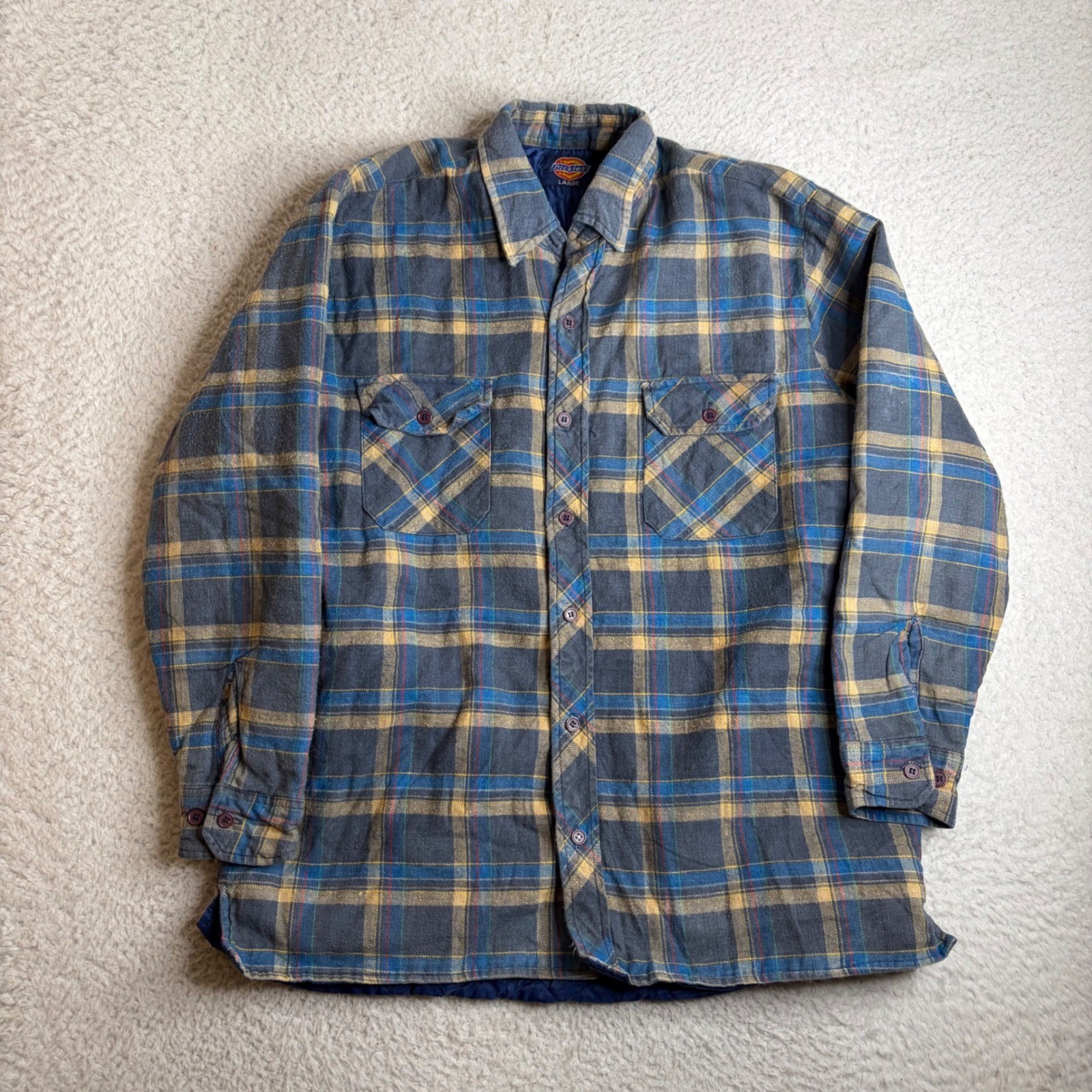 Vintage Dickies Mens L Quilted Flannel Shirt Jacket Blue Plaid Lined Shacket