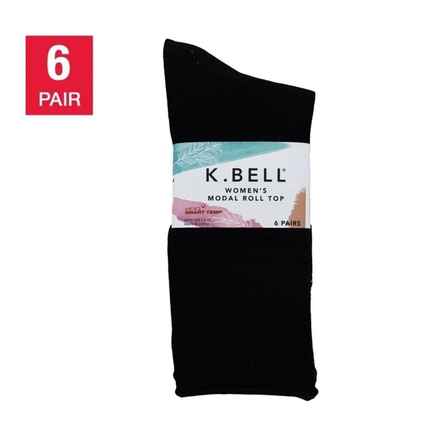 K. BELL Modal Roll Top Socks, Womens, 6 Pairs, Black, Fits Shoe Sizes 5.5-10 NWT