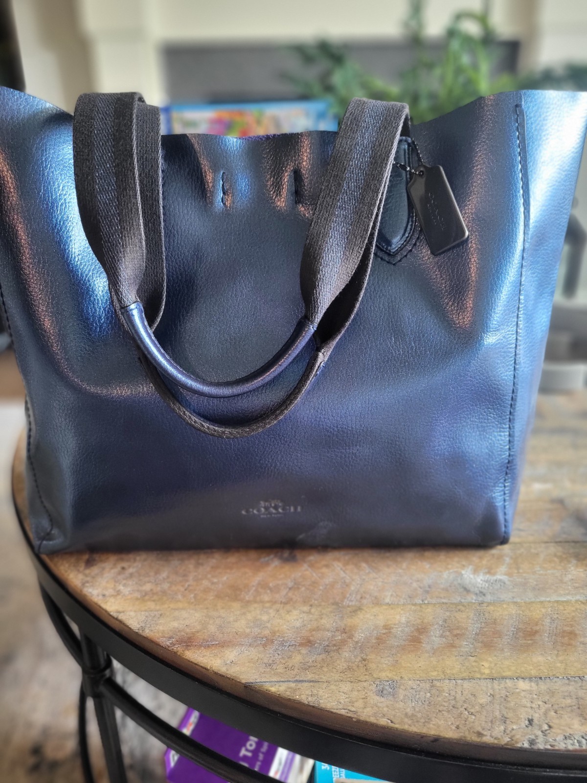 Coach Metallic Oil Slick Blue Large Derby Tote F59388