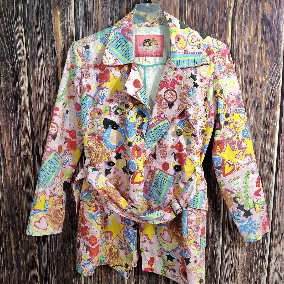 Fiorucci Trench Coat Pop Art Jacket Graphic Roses Mermaid Coquette L AOP VTG