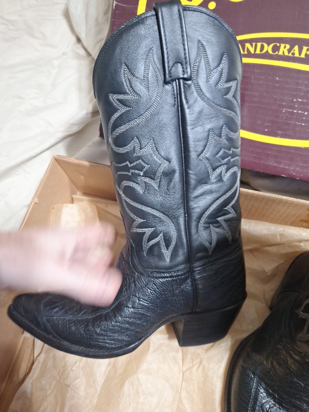 J Chisholm Cowboy Boots 8D, Exotic Ostrich Leg Leather, Excellent. Handmade USA