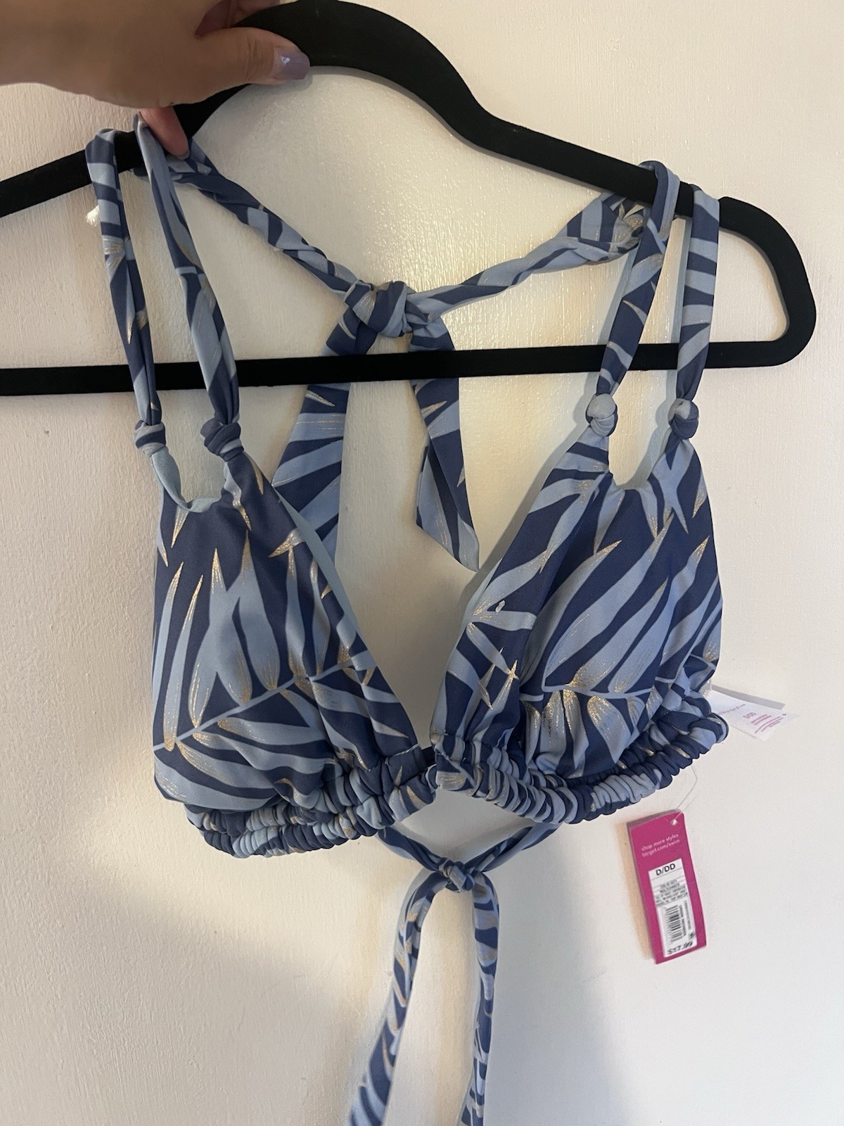 Xhilaration Women’s Blue Floral Triangle Bikini Top D/DD Halter Tie Padded